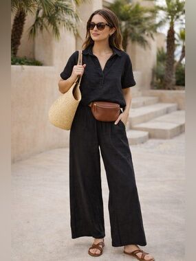 J.Crew Black Linen Matching Set Crop Top Wide Leg Pants Size L